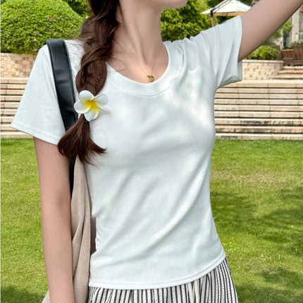 Women Casual Solid T Shirts Crewneck Short Sleeve Slim Fit Going Out Crop Tops