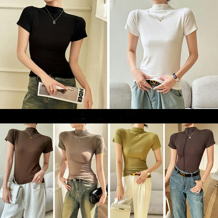 Womens Mock Neck Short Sleeve Shirt Basic Solid Slim Fit Going Out Tops