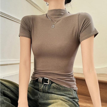 Womens Mock Neck Short Sleeve Shirt Basic Solid Slim Fit Going Out Tops