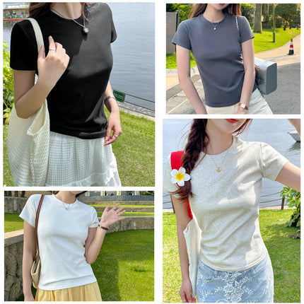 Women's Summer Crop Tops Short Sleeve Crew Neck Slim Fit Basic T Shirts