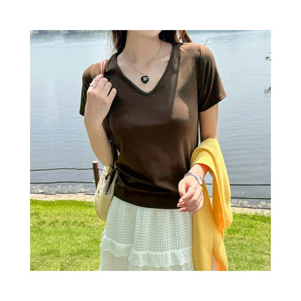 Women's Short Sleeve Summer T Shirts V Neck Slim Fit Basic Tee Going Out Tops