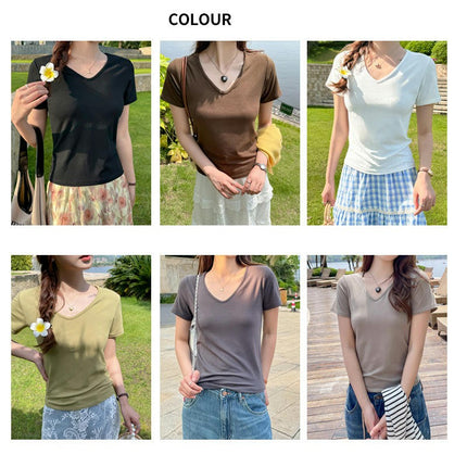 Women's Short Sleeve Summer T Shirts V Neck Slim Fit Basic Tee Going Out Tops