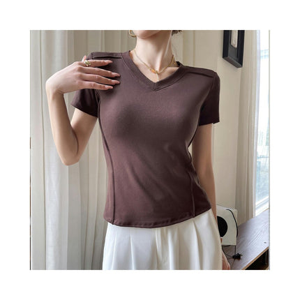 Womens Short Sleeve T Shirts V Neck Basic Tee Summer Casual Slim Fit Tops