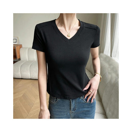 Womens Short Sleeve T Shirts V Neck Basic Tee Summer Casual Slim Fit Tops