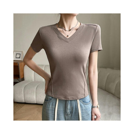 Womens Short Sleeve T Shirts V Neck Basic Tee Summer Casual Slim Fit Tops