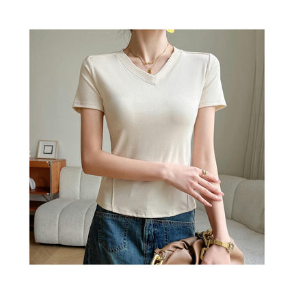 Womens Short Sleeve T Shirts V Neck Basic Tee Summer Casual Slim Fit Tops