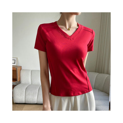 Womens Short Sleeve T Shirts V Neck Basic Tee Summer Casual Slim Fit Tops