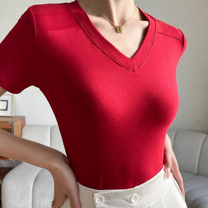 Womens Short Sleeve T Shirts V Neck Basic Tee Summer Casual Slim Fit Tops