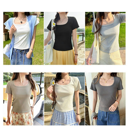 Women's Short Sleeve Square Neck Slim Fit T Shirts Summer Basic Going Out Crop Tops