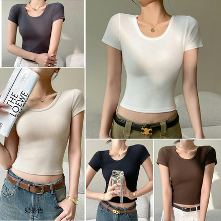 Womens Fashion Summer Short Sleeve Crop Tops Casual Basic Crewneck Slim Fit T Shirts