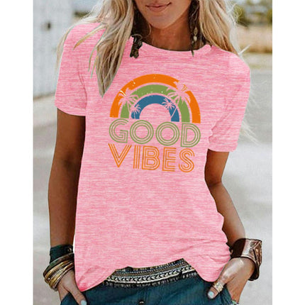 Womens Summer Round Neck Shirt Funny Letter Printed Graphic Short Sleeve Tee Tops