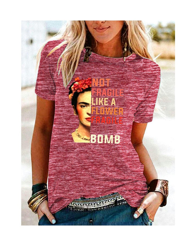 Women's Round Neck Summer Casual Tops Printed Short Sleeves Graphic T-Shirt