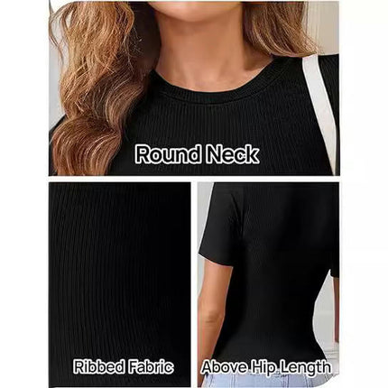 Women's Short Sleeve Crew Neck Ribbed T Shirt Summer Casual Slim Fit Basic Tops