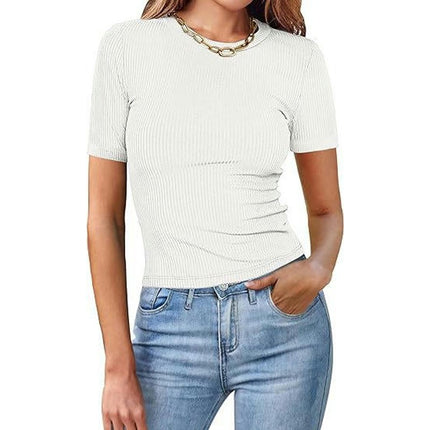 Women's Short Sleeve Crew Neck Ribbed T Shirt Summer Casual Slim Fit Basic Tops