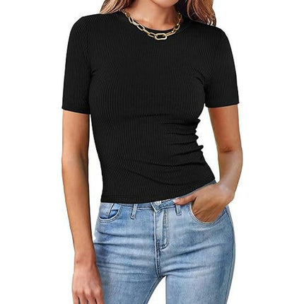 Women's Short Sleeve Crew Neck Ribbed T Shirt Summer Casual Slim Fit Basic Tops