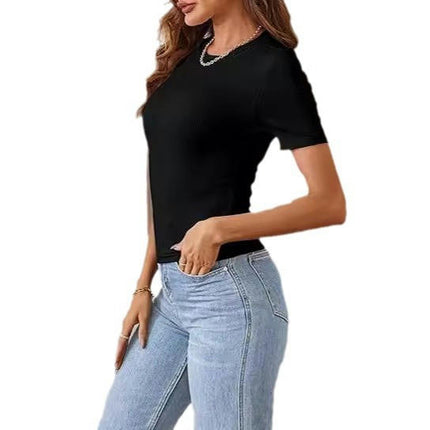 Women's Short Sleeve Crew Neck Ribbed T Shirt Summer Casual Slim Fit Basic Tops