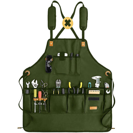 Canvas Apron Wear-Resistant Double Shoulder Woodworking Work Clothes Multi-Pocket Tool Apron