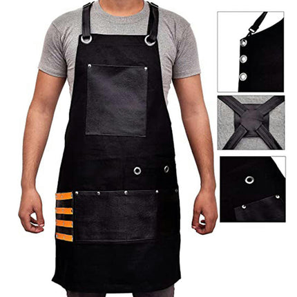 Thick Canvas Apron with PU Leather Pockets for Women Chef Kitchen Cooking Gardening Painting