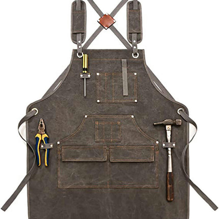 Canvas Apron with Pockets-Adjustable Cross Back Carpentry and Gardening Work Apron