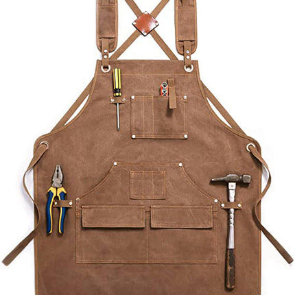 Canvas Apron with Pockets-Adjustable Cross Back Carpentry and Gardening Work Apron