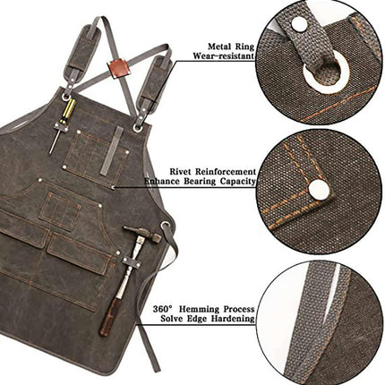 Canvas Apron with Pockets-Adjustable Cross Back Carpentry and Gardening Work Apron