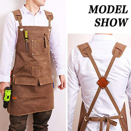 Canvas Apron with Pockets-Adjustable Cross Back Carpentry and Gardening Work Apron