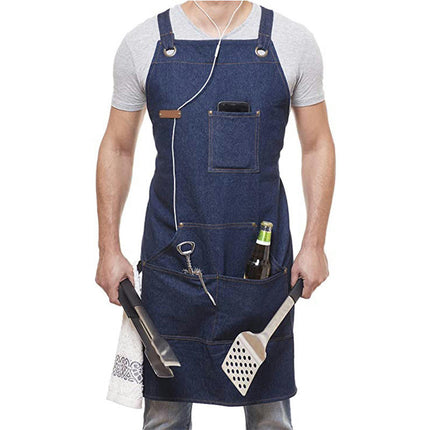 Denim Work Apron for Chef Men and Women with Pockets, Heavy Duty Cross Back Tool Apron for Shop