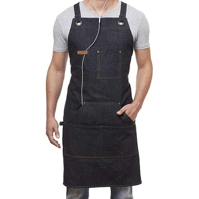 Denim Work Apron for Chef Men and Women with Pockets, Heavy Duty Cross Back Tool Apron for Shop