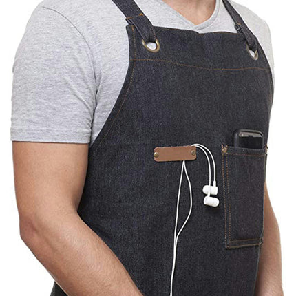 Denim Work Apron for Chef Men and Women with Pockets, Heavy Duty Cross Back Tool Apron for Shop