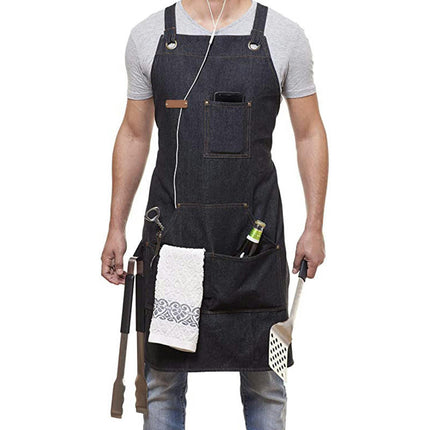 Denim Work Apron for Chef Men and Women with Pockets, Heavy Duty Cross Back Tool Apron for Shop