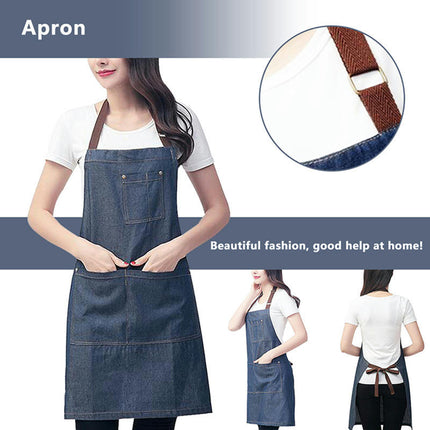 Denim Apron for Women and Men, Chef Kitchen Making Cooking Barbecue, with Adjustable Multi-Pocket Apron