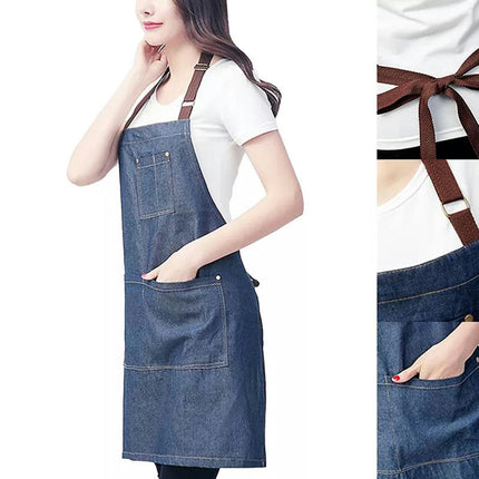 Denim Apron for Women and Men, Chef Kitchen Making Cooking Barbecue, with Adjustable Multi-Pocket Apron