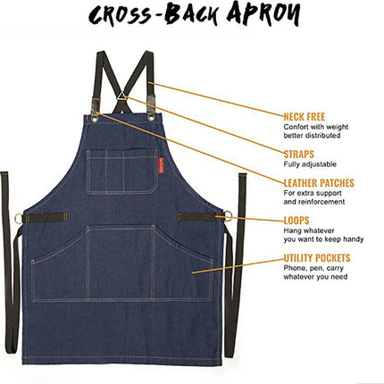 Denim Apron with Multiple Pockets Adjustable Cooking Apron for Kitchen Cooking BBQ Gardening