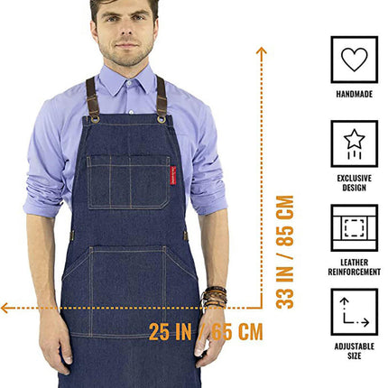 Denim Apron with Multiple Pockets Adjustable Cooking Apron for Kitchen Cooking BBQ Gardening