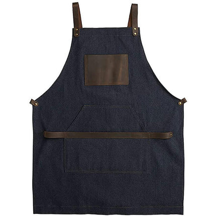 Denim Apron PU Leather Pocket BBQ Baker Restaurant Barber Work Apron