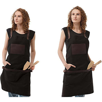 Denim Apron PU Leather Pocket BBQ Baker Restaurant Barber Work Apron