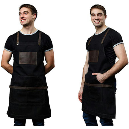 Denim Apron PU Leather Pocket BBQ Baker Restaurant Barber Work Apron