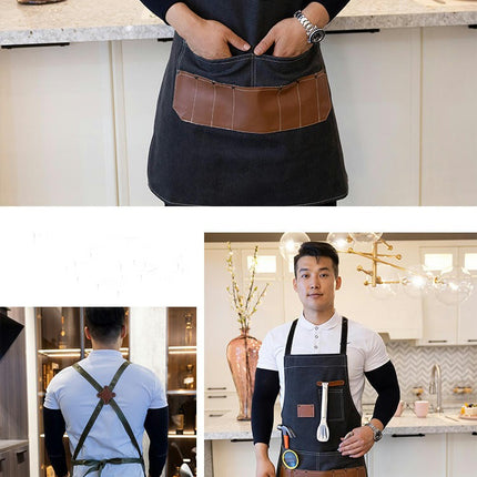 Chef Apron with Cross Back Straps for Men Women, Cotton Canvas Apron for Kitchen Restaurant Cooking