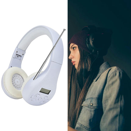 3.5mm Portable Practical FM Headset HRD-600 Foldable Wireless Headphone with LCD Display-White