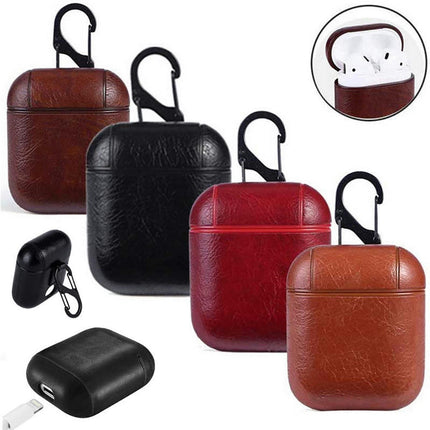 Faux Leather Headset Protector Case Shockproof Earphone Protector Cover for Apple Airpods-Black