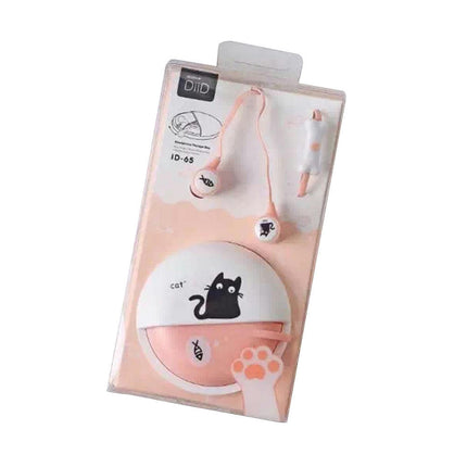 In-ear Headset Cartoon Cat Stereo Music Earphone Cute Headset with Mic Storage Box-Pink