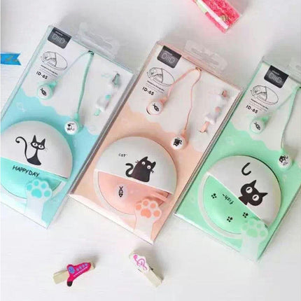 In-ear Headset Cartoon Cat Stereo Music Earphone Cute Headset with Mic Storage Box-Pink