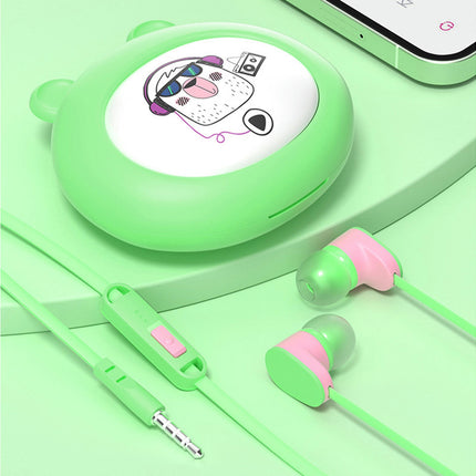 In-ear HiFi Sound Wired Earphone 3.5mm 9D Stereo Headset with Cartoon Storage Box-Green