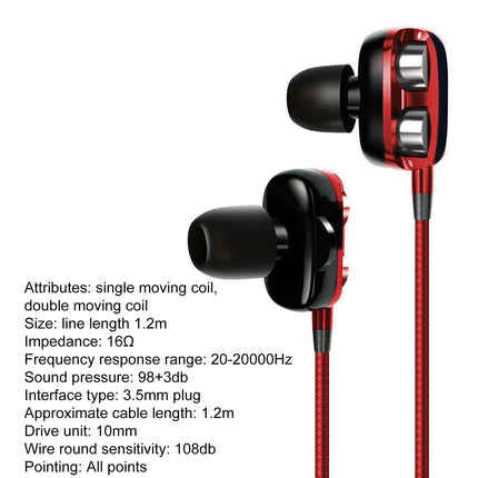 Portable 4 Speaker Wired Earphone Wire Control Stereo In-ear Earbud Headphone for Phone-Red