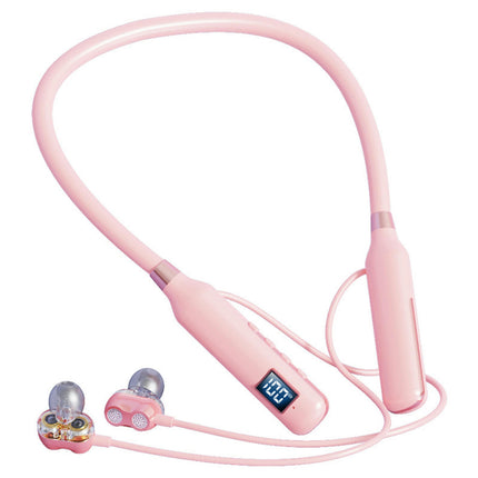 Neckband Wireless Earphone Bluetooth5.3 Stereo Sports Earbud for Doing Sports-Pink