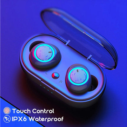 Touch Control Earphone Wireless Bluetooth 5.0 Earbuds with Mic Charging Box-Black Blue