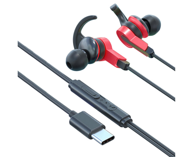 In-ear Stereo Sound 3.5mm/Type-C Music Headphone Wired Earphone with Mic for Sports-Red