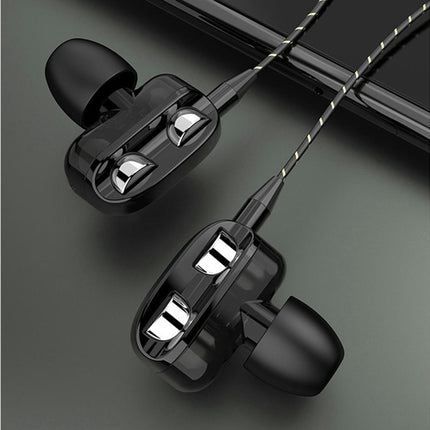 Wired Earphone Headphone with Microphone Dual Dynamic Circle Heavy Bass In-Ear Headset-Black