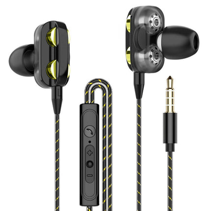 Wired Earphone Headphone with Microphone Dual Dynamic Circle Heavy Bass In-Ear Headset-Black