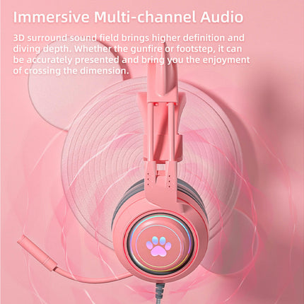 SY-G25 Reduction Detachable Cat Ear Wired Headphone 3.5mm USB Gaming Headset for Laptop-Pink